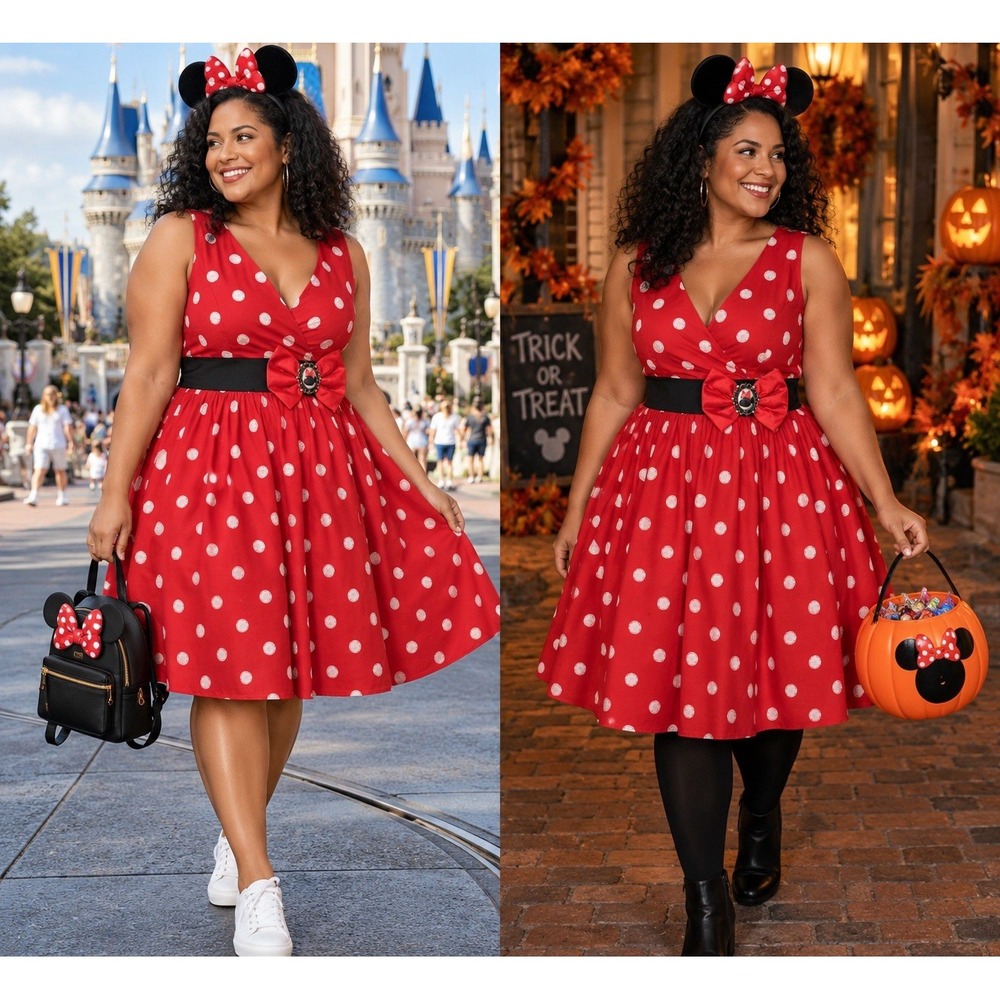 Disney Parks Minnie Mouse Dress L Red Polka Dot Flare Pinup Cotton Halloween